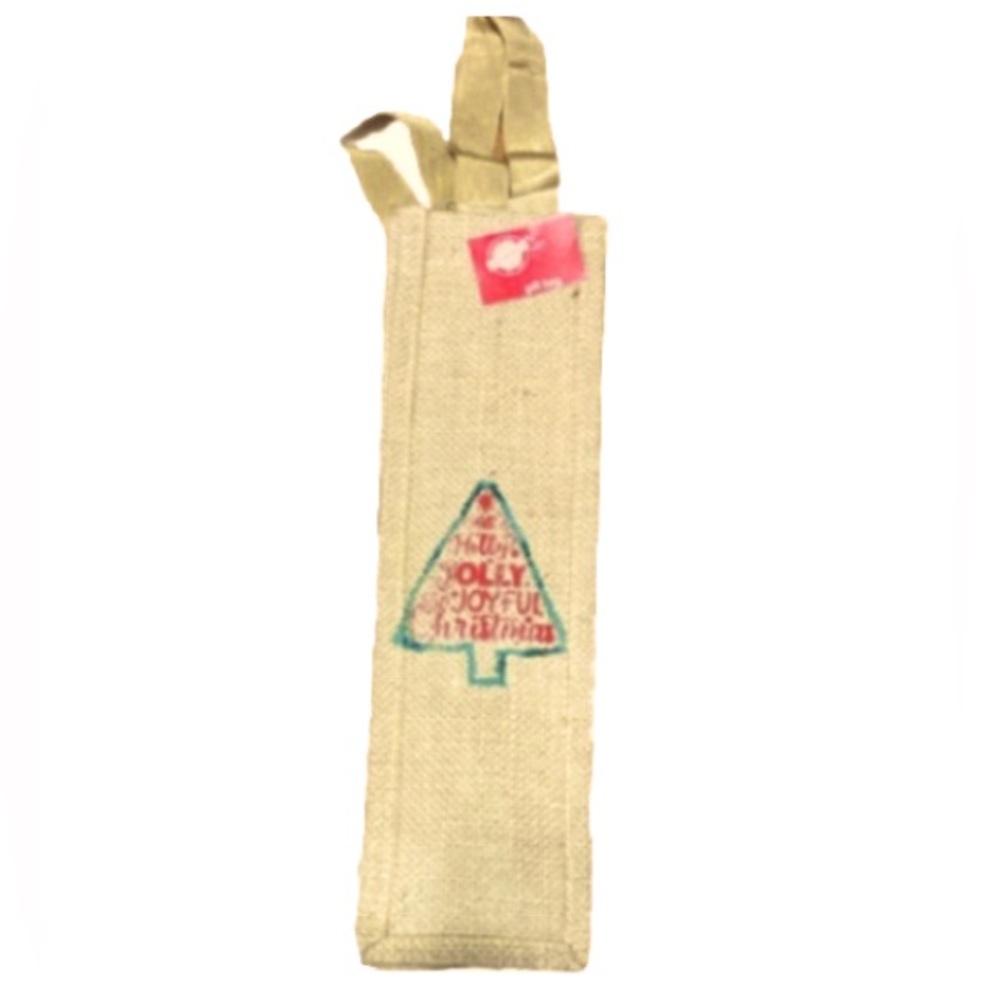Burlap Wine Bottle Bag with Handles Christmas Holiday Festive CHRISTMAS TREE  Wi